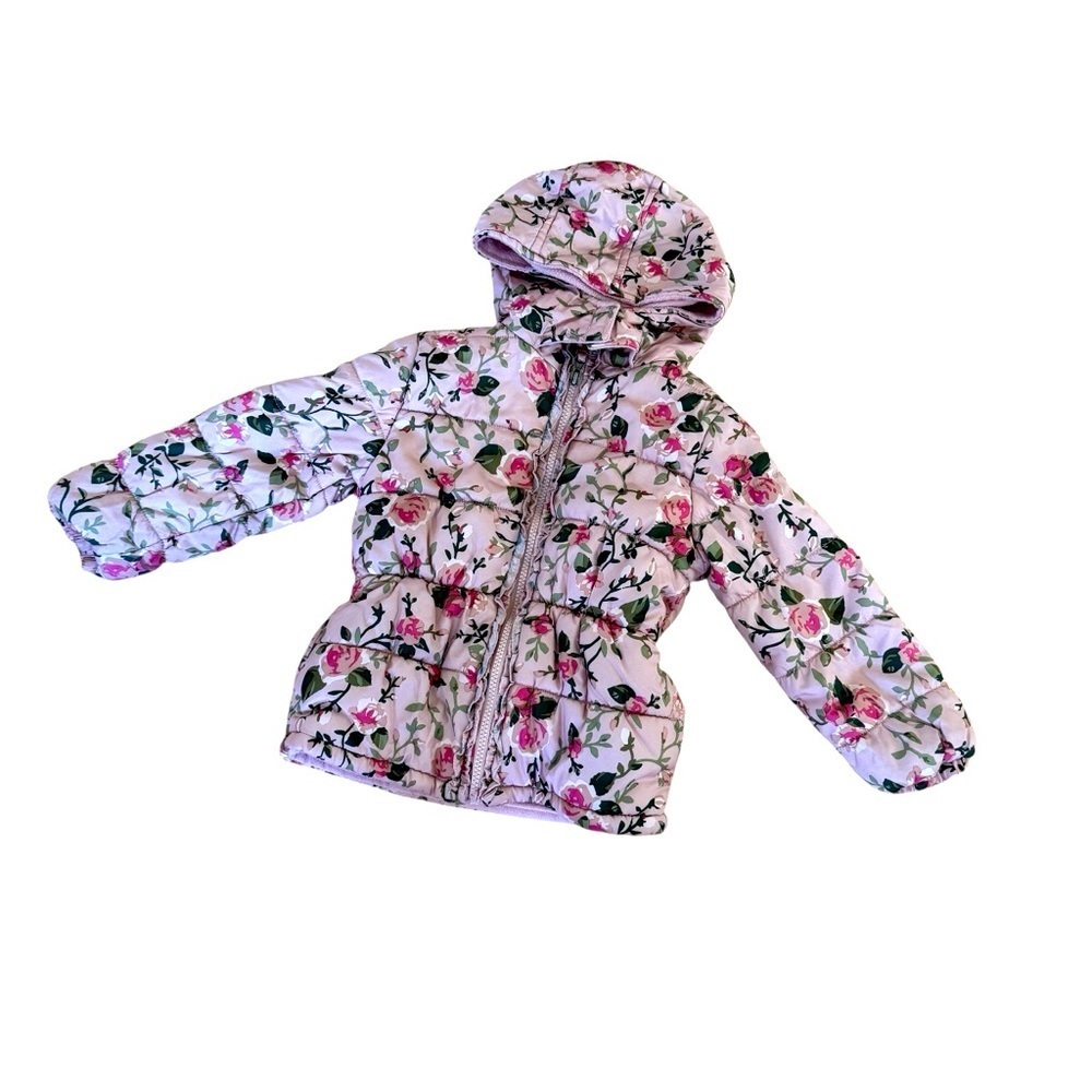 Pink Platinum Toddler Girl Jacket Puffer Hooded Floral Roses Pink 4